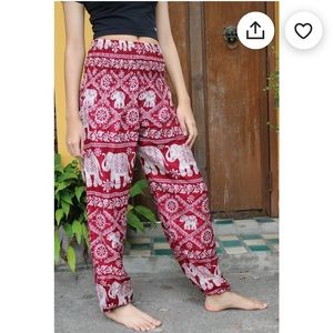 Bohemian Harem Pants with Elephant Motif , Red